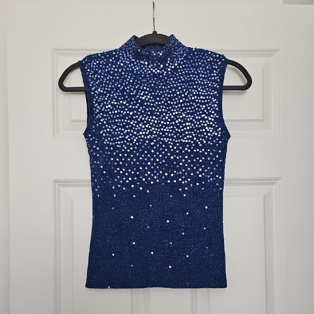 Once Again Y2K Women's Blue Sequin Ribbed Knit Mock Neck Sleeveless Top Size S